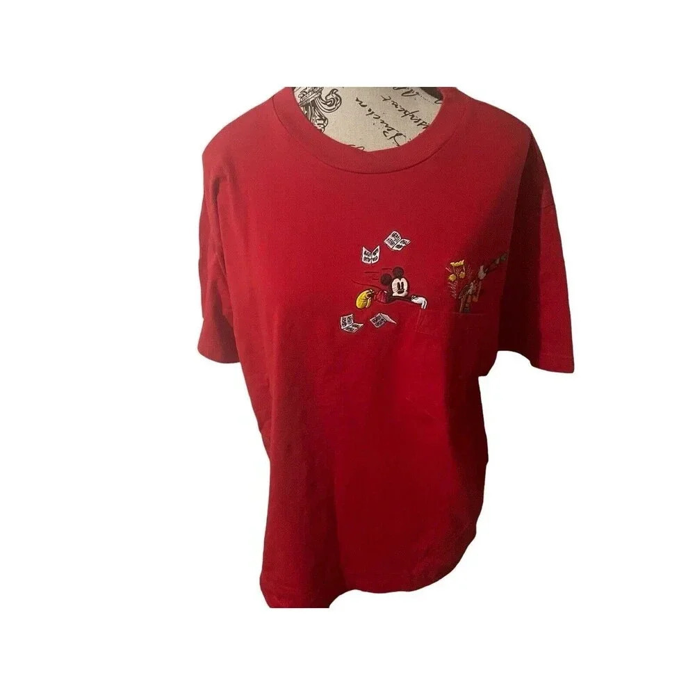 VTG Disney T Shirt Mens Red Pocket Tee Mickey Goofy Embroidered Retro Size Large